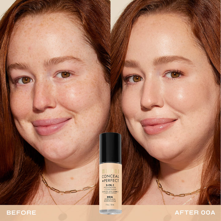 Milani Conceal + Perfect 2-In-1 Foundation + Concealer (1 Fl. Oz.) Liquid Foundation Natural - Blemishes & Skin Discoloration For A Flawless Complexion (Porcelain), Full, Dry