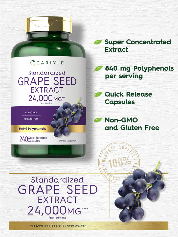 Carlyle Grape Seed Extract 24,000 mg Equivalent 240 Capsules | Maximum Strength Standardized Extract | Non-GMO, Gluten Free