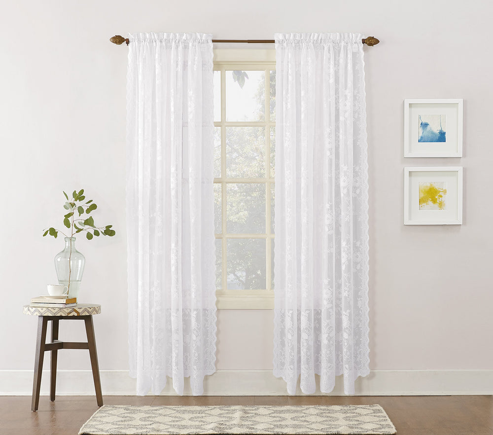 Alison Floral Lace Sheer Rod Pocket Curtain Panel, 58 x 63, White