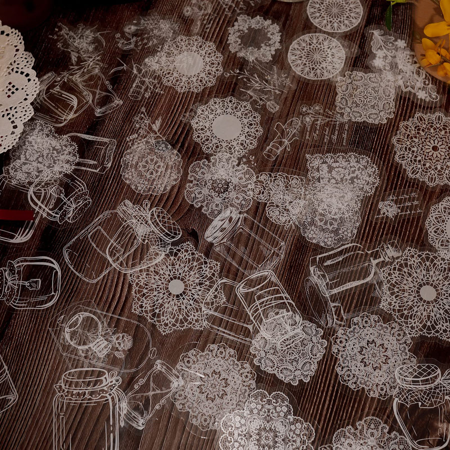 90 Pcs Transparent Lace Stickers,PET Vintage Decorative DIY Decals White Retro Aesthetic Journaling Crafts Supplies for Handmade Scrapbooking Planner Album Diary Photo Frames Notebook