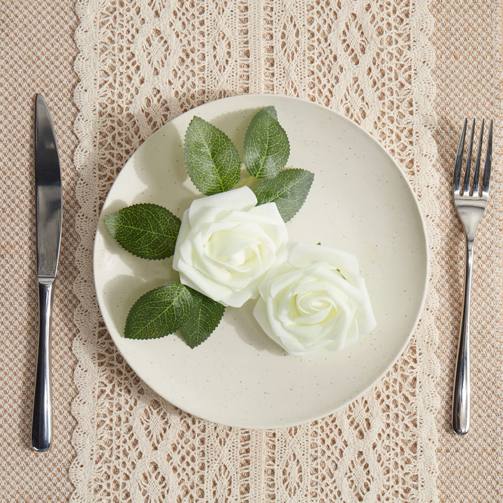 Cream White Foam Rose Artificial Flowers Heads with Stems, 25pcs Fake Flowers for DIY Wedding Decor, Baby Shower, Bridal Shower, Wedding Bouquet,Party Centerpiece Table Decorations