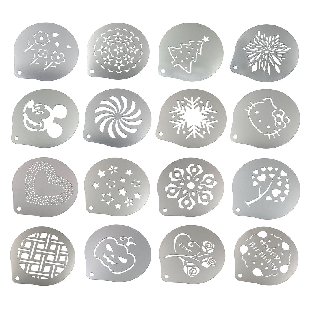 Stainless Steel Powder Shakers Coffee Cocoa Cinnamon Shaker Cans Mesh Duster with 16PCS Stainless Steel Barista Coffee Decorating Stencils Template for Latte Cappuccino, Cupcake Stencils