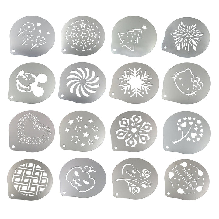 Stainless Steel Powder Shakers Coffee Cocoa Cinnamon Shaker Cans Mesh Duster with 16PCS Stainless Steel Barista Coffee Decorating Stencils Template for Latte Cappuccino, Cupcake Stencils