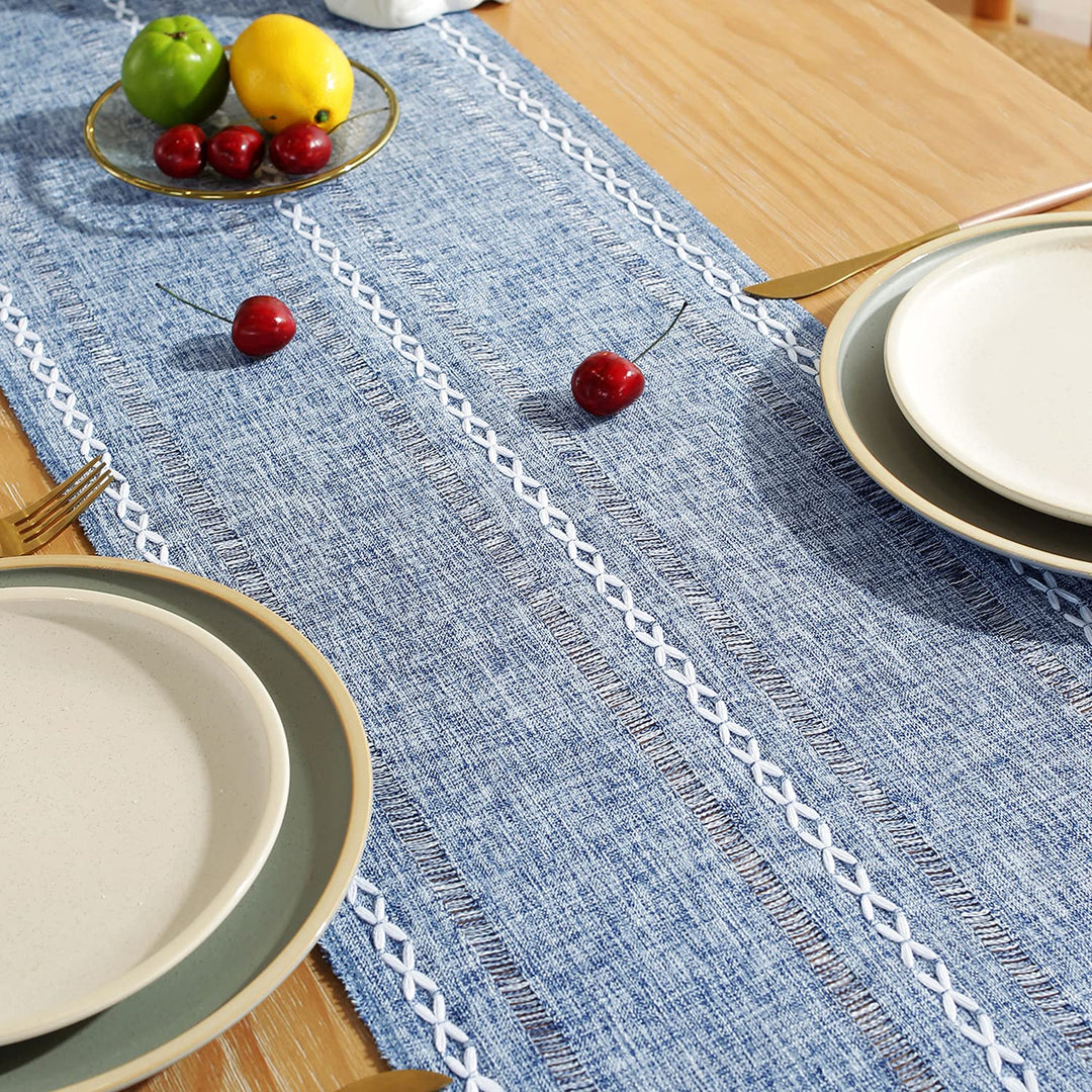 Rustic Farmhouse Style Linen Table Runner, Boho Handmade Tassel Hemstitched Embroidered Table Runners 90 Inches Long for Holiday Party, Dresser and Dining Decorations, 13 x 90 inch - Blue