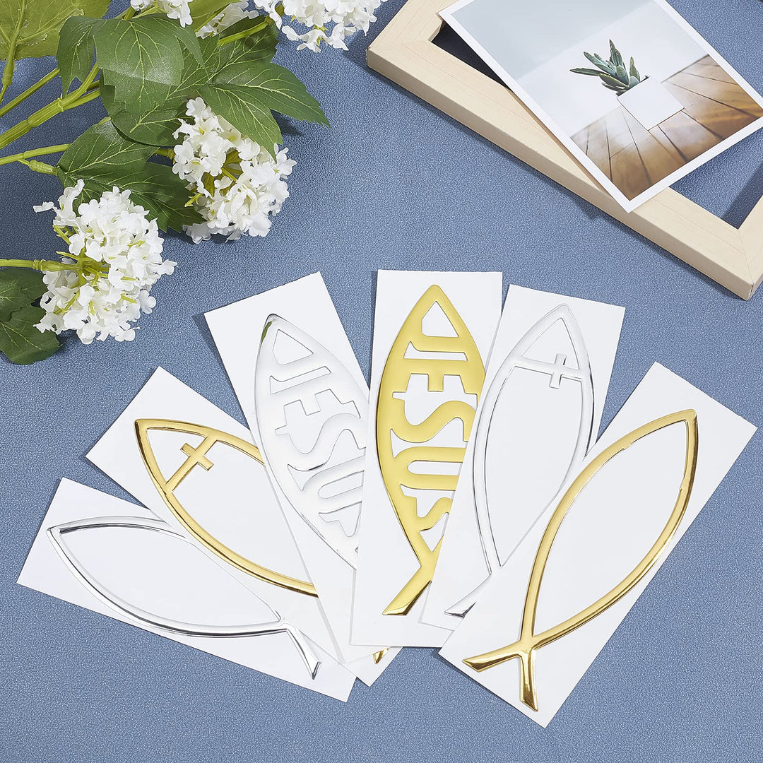 6pcs 6 Styles Jesus Fish Decal Sticker PVC Fish Car Emblem Religious God Jesus Christian Fish Cross Symbol Gold Sliver for DIY Car Decoration 5.9x2inch