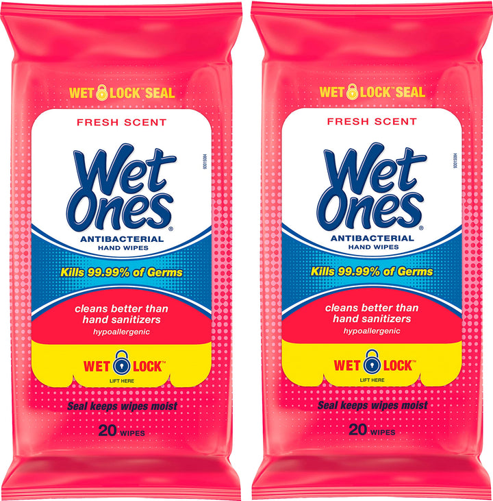WET ONES Antibacterial Hand Wipes, Fresh Scent 20 ea (Pack of 2)