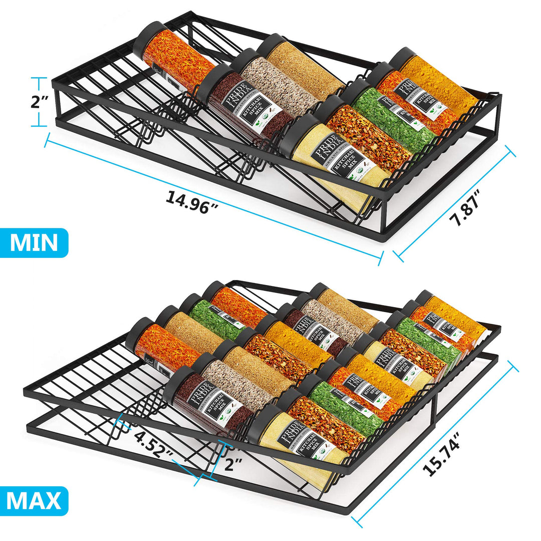 Expandable Spice Drawer Organizer Insert, Kitchen Spice Organizer Drawer, 3-Tier Spice Rack Organizer with Protection Railing (7.87 to 15.74 w) (Black)