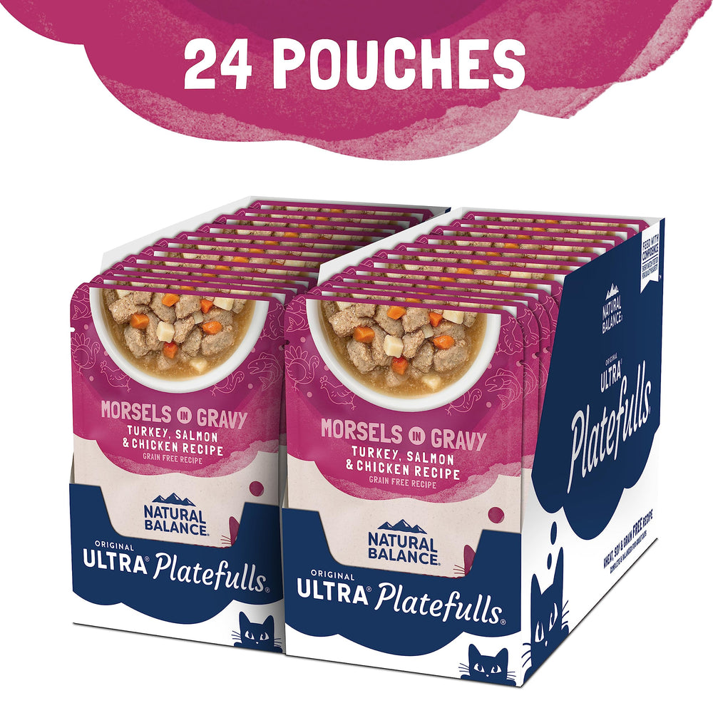 Original Ultra Platefulls Indoor Adult Grain Free Wet Cat Food, Turkey, Salmon & Chicken Recipe, 3 Ounce Pouch (Pack of 24)