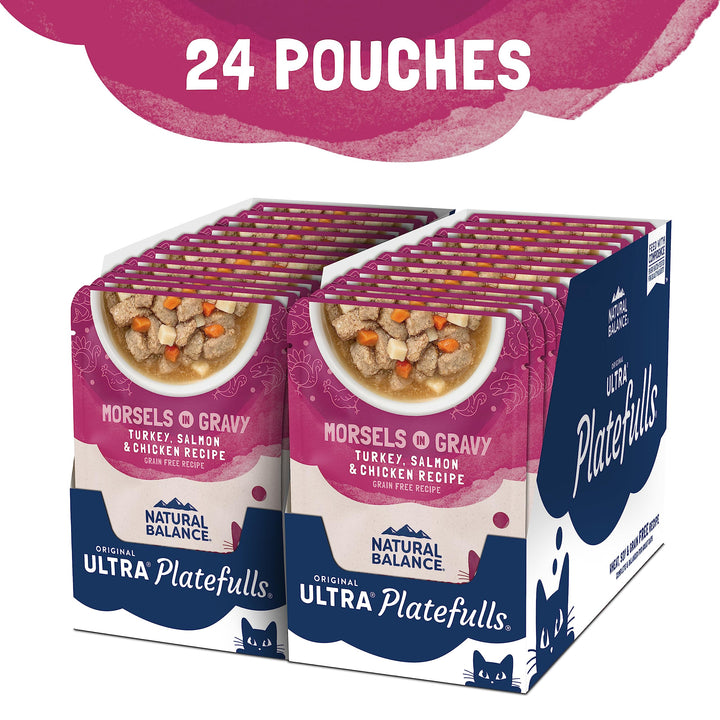 Original Ultra Platefulls Indoor Adult Grain Free Wet Cat Food, Turkey, Salmon &amp; Chicken Recipe, 3 Ounce Pouch (Pack of 24)