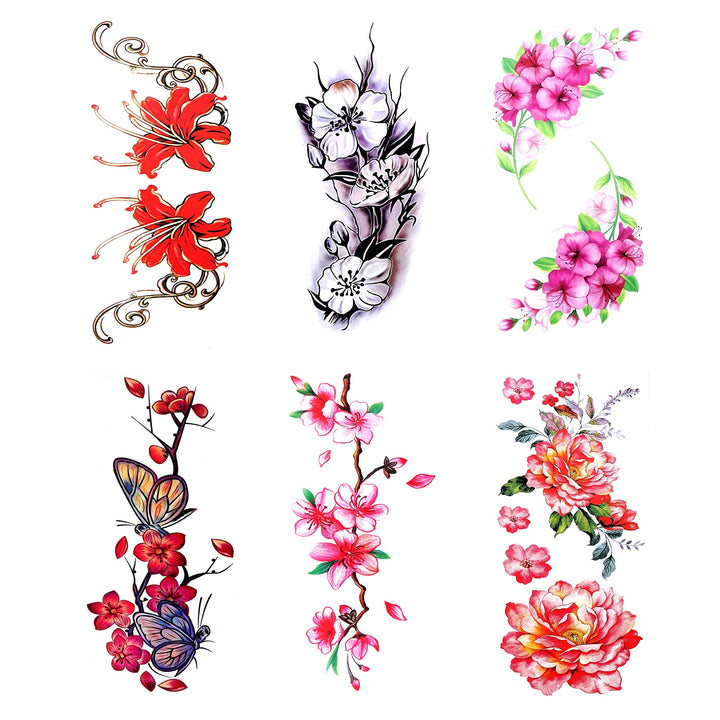 9 Large Temporary Tattoos Assorted Floral Designs - For Women and Girls for Arms Legs Shoulder or Back
