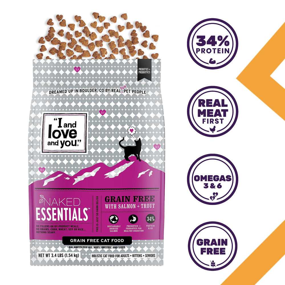 I and love and you Naked Essentials Dry Cat Food - Salmon + Trout - Grain Free, Real Meat, No Fillers, Prebiotics + Probiotics, 3.4lb Bag
