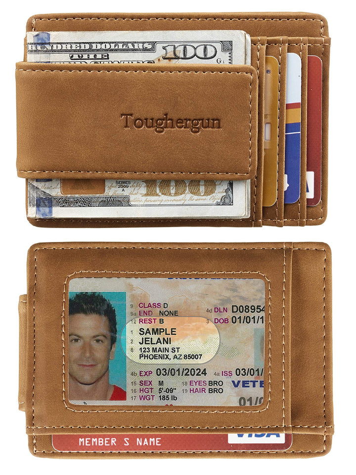 Genuine Leather Magnetic Front Pocket Money Clip Wallet RFID Blocking (Crazy Horse Khaki)