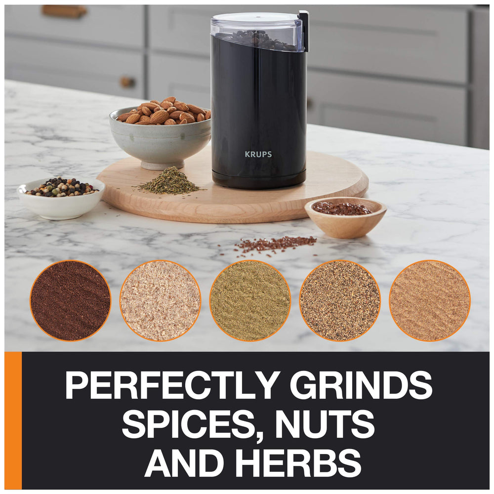 Krups One-Touch Coffee and Spice Grinder 3 Ounce Bean Hopper Easy to Use, One Touch Operation 200 Watts Coffee, Spices, Dry Herbs, Nuts, 12 Cup Black