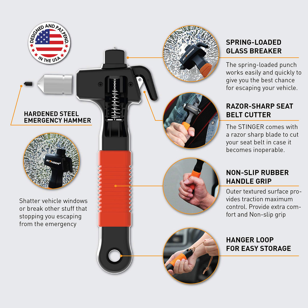 Super Duty Car Emergency Escape Tool, Hardened Carbon Steel Vehicle Safety Hammer, Spring Loaded Window Breaker, Razor Sharp Seat Belt Cutter, Auto Accident Life-Saving Rescue Tool (Orange)