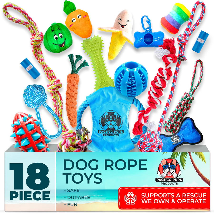 Pacific Pups 18 Piece Bulk Dog Toy Pack - Chew, Plush, and Rope Dog Toys to Keep Them Busy - Puppy Teething Chew Toys, Treat Ball, Squeaky Plushies, Tug of War Ropes, Rubber Chew - Helps Rescue Dogs