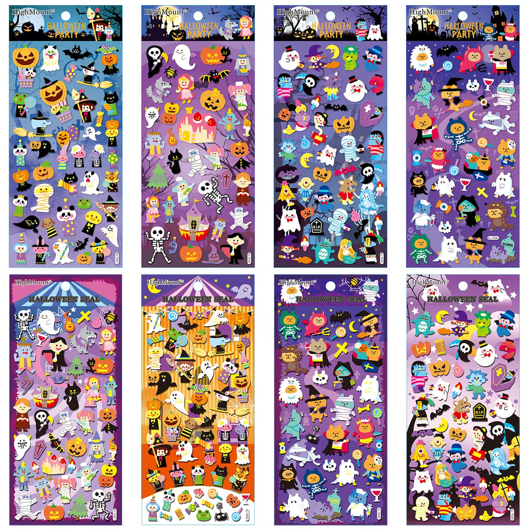 Happy Halloweens Stickers 8 Sheets with Ghost, Pumpkin, Demon, Wizard, Mummy, Vampire, Witch, Skull, Bat, Spider Stickers Deacals for Jack O Lantern Scrapbooking Kids Party Favors - 320 Stickers