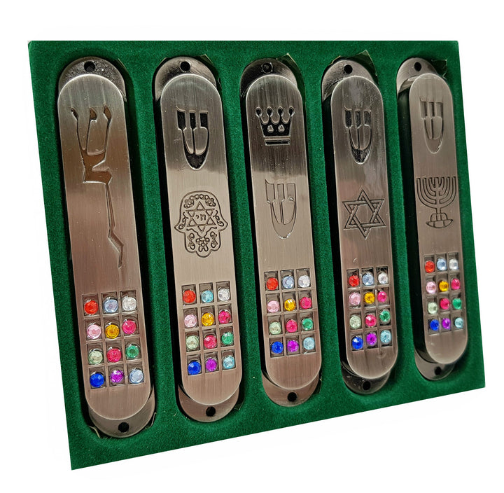Set of 5 Pewter Jewish MEZUZAH CASE with Hoshen 12 Trib