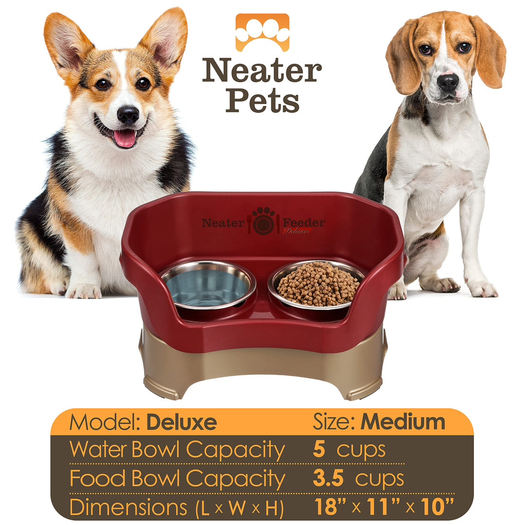 Neater Feeder Deluxe Mess Proof Dog Bowls Elevated Medium Sized Dog Breed – Made in USA – No Spill Raised Dog Food Bowl Stand – Stainless Steel Food and Water Bowl Set, Pet Feeding Station, Cranberry
