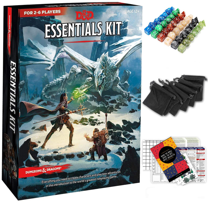 Dungeons and Dragons Essentials Kit - Starter Set Bundled Extra 6 Dice Sets, Flannel Bags, Master Screen, Figures, New Heroes, Dice Guide, Statistic Sheets - DND 5th Edition Rolling Board Game