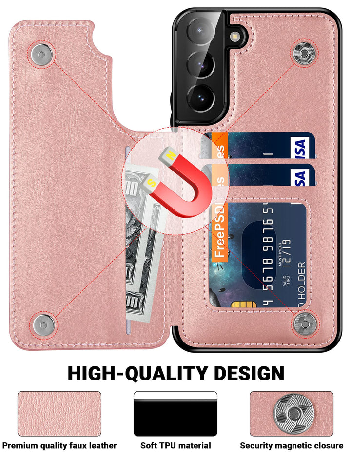 Galaxy S22 Case, for Samsung Galaxy S22 Cases Wallet Case Men Women ID Credit Card Slot Holder Cash Pocket PU Leather Sleeve Double Magnetic Closure Clasp Galaxy S22 5G Flip Cases Rose Gold