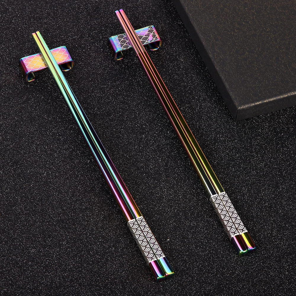 Metal Chopsticks Reusable 2 Pairs Titanium Plated Stainless Steel18/8 Chopsticks with Holder, Dishwasher Safe Lightweight Japanese Style Chopsticks Gift Set(Rainbow Gradient)