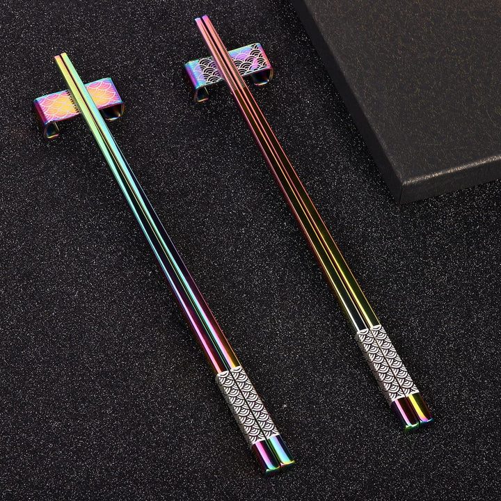 Metal Chopsticks Reusable 2 Pairs Titanium Plated Stainless Steel18/8 Chopsticks with Holder, Dishwasher Safe Lightweight Japanese Style Chopsticks Gift Set(Rainbow Gradient)