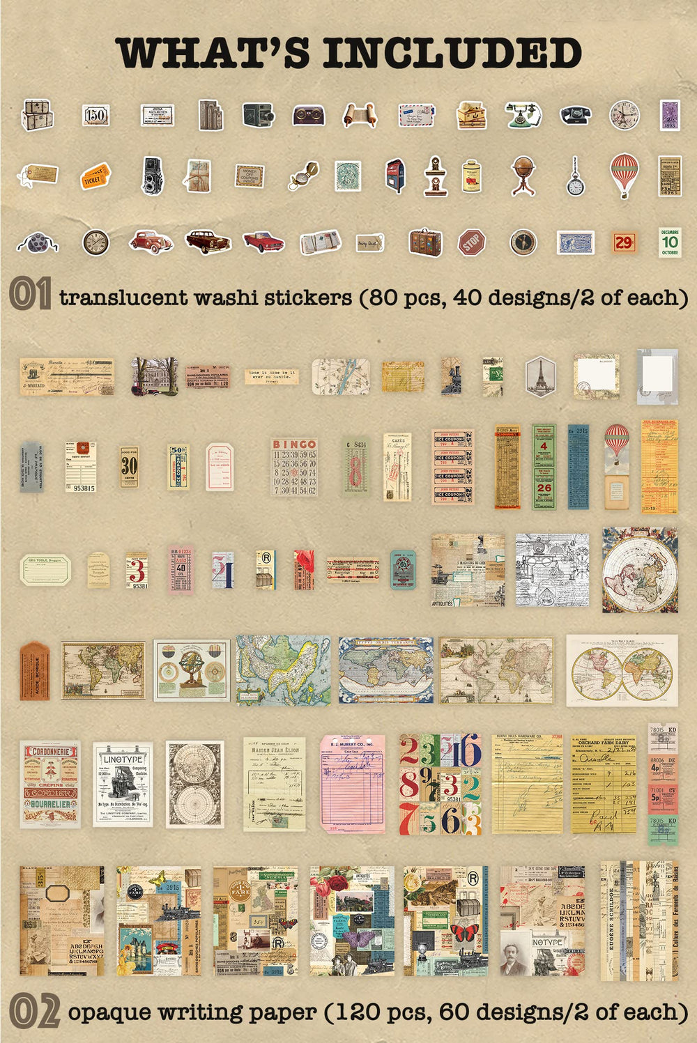 200 Pieces Vintage Ephemera Pack Decoupage Paper Junk Journal Kit Scrapbook Planner Sticker Supplies for Art Journaling Bullet Journals Collage Notebooks Album Crafter Gifts (World Memory)