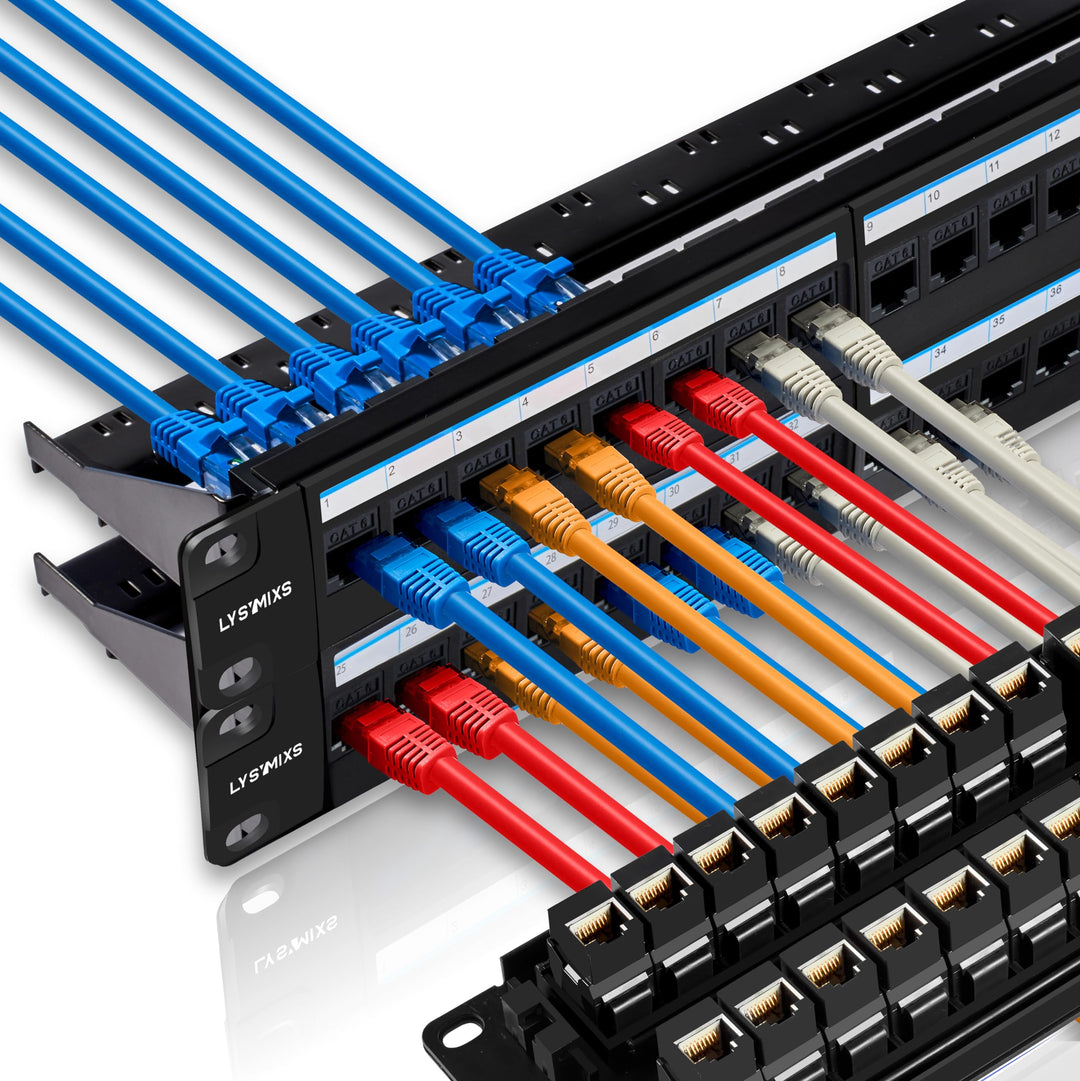 48 Port RJ45 Patch Panel Cat6 Feed Through, Coupler Network Patch Panel 19 Inch, Inline Keystone Ethernet Patch Panel with Back Bar