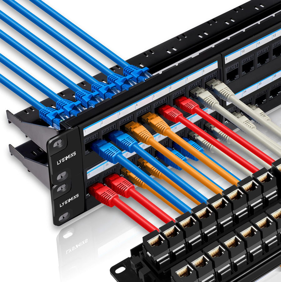 48 Port RJ45 Patch Panel Cat6 Feed Through, Coupler Network Patch Panel 19 Inch, Inline Keystone Ethernet Patch Panel with Back Bar