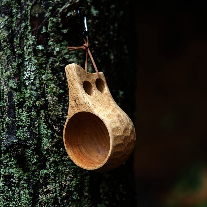 GCS Handmade Kuksa Wood Camp Mug with Fork and Spoon Lightweight &amp; Eco-Friendly Traditional Handcrafted Wooden Cup with Natural Chestnut Bushcraft or Camping Leather Lanyard