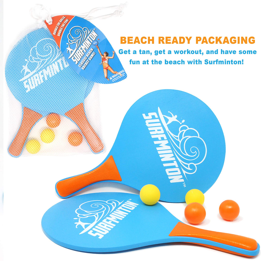 Surfminton Classic Blue and Orange Beach Tennis Wooden Paddle Game Set (4 Balls, 2 Thick Water Resistant Wooden Rackets, 1 Reusable Mesh Bag)