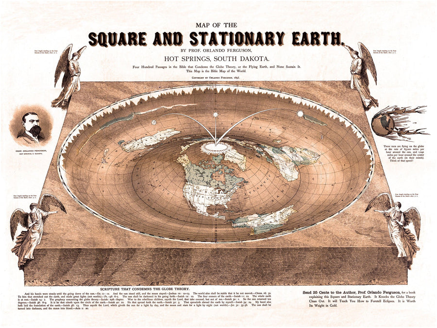 Flat Earth Map - Map of the Square and Stationary Earth -Orlando Ferguson- Poster 24 x 18