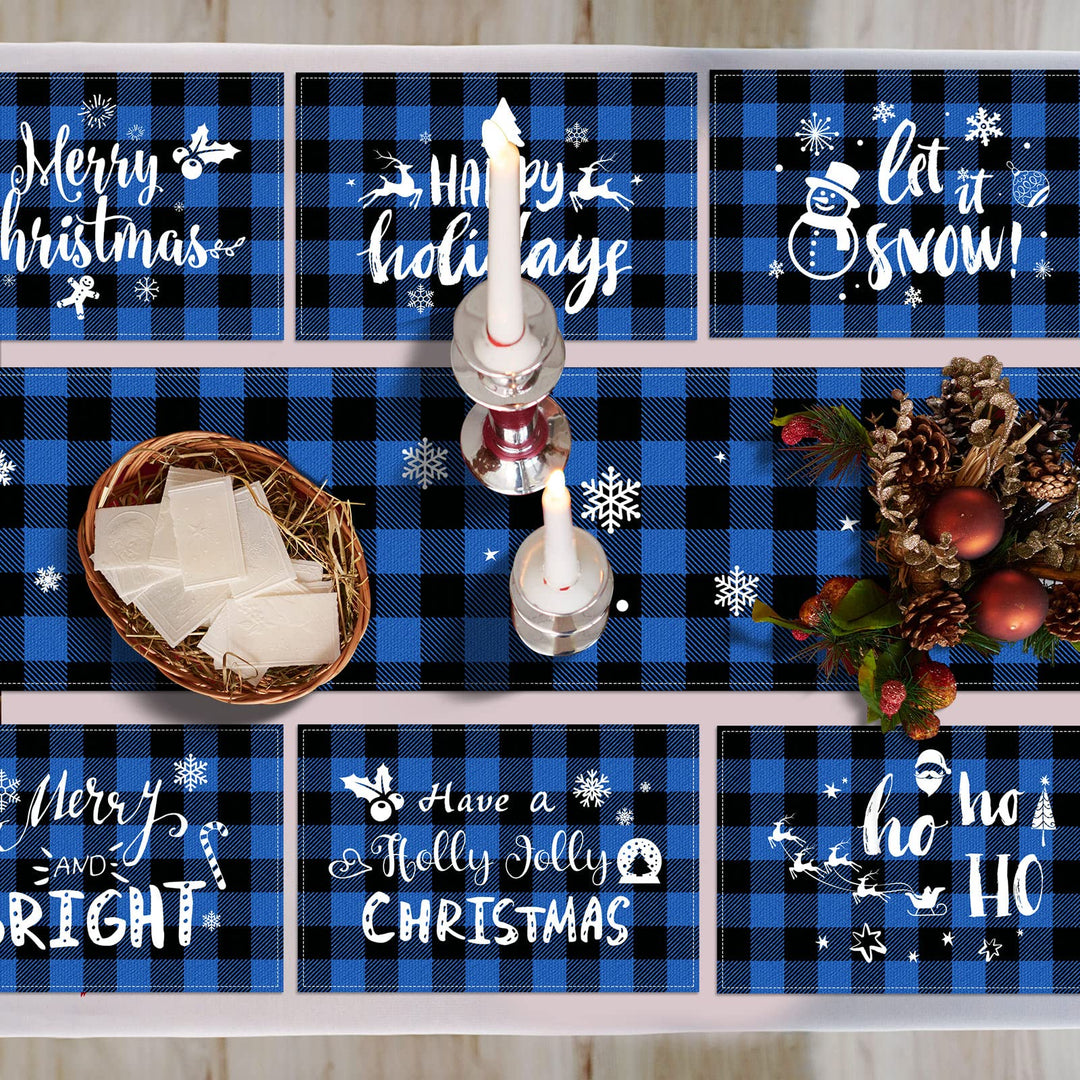 7 Pieces Christmas Buffalo Plaid Table Runner and Placemats Set Merry Christmas Blue Black Buffalo Plaid Table Runner Decor Winter Holiday Table Mats for Christmas Party Supplies Table Decorations