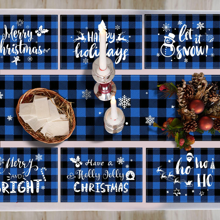 7 Pieces Christmas Buffalo Plaid Table Runner and Placemats Set Merry Christmas Blue Black Buffalo Plaid Table Runner Decor Winter Holiday Table Mats for Christmas Party Supplies Table Decorations