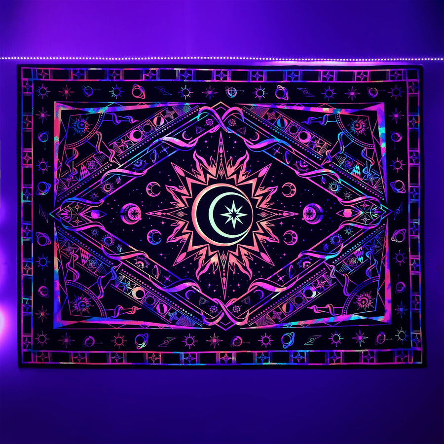 Tapestry for Bedroom Aesthetic Room Decor Wall Tapestry Blacklight Tapestry UV Reactive Black Light Posters Colorful Backdrop Glow in the Dark Hippie Boho Tapestries for Bedroom Burning Sun