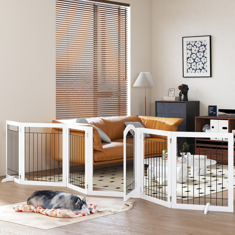 144-inch Extra Wide 30-inches Tall Dog gate with Door Walk Through, Freestanding Wire Pet Gate for The House, Doorway, Stairs, Pet Puppy Safety Fence, Support Feet Included, White,6 Panels