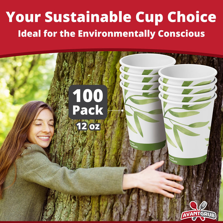 Compostable 12 Oz Paper Coffee Cups, 100 Pack By . Medium Sized, PLA Lined Disposable Hot and Cold Beverage Cup Set for Cafe, Shops, Kiosk, Concession Stand and Office