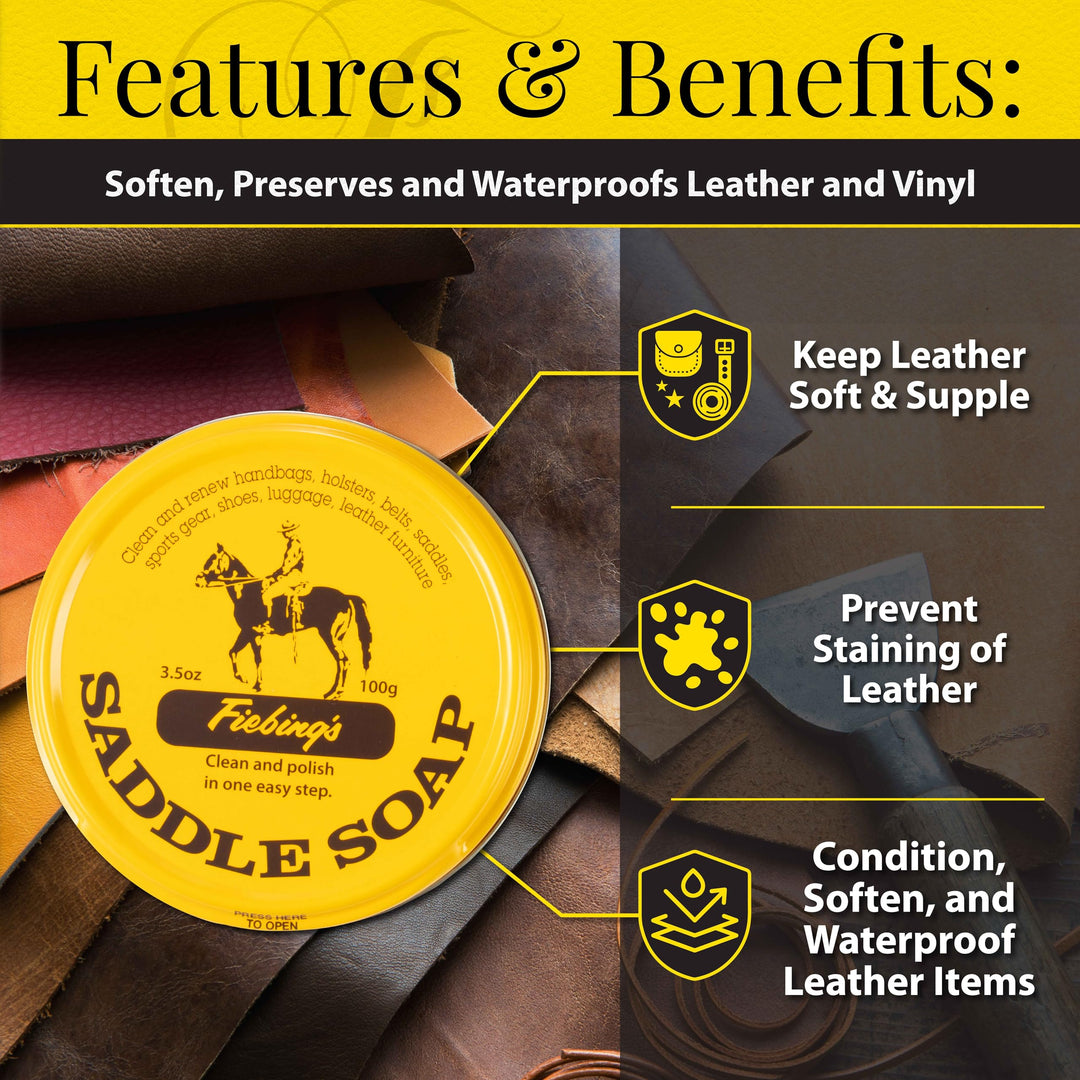 Fiebing&#39;s Yellow Saddle Soap for Leather (3.5 oz Tin) - Leather Cleaner &amp; Conditioner to Soften, Protect &amp; Restore Leathercraft - Leather Soap for Car Seat, Couch, Shoe, Purse, Boot, Bag, &amp; Saddles