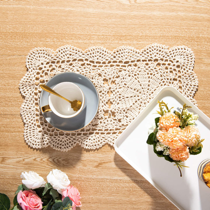 Handmade Rectangle Doilies, 2-Piece Handmade Crochet Cotton Doilies Lace Table Crochet Placemats Coaster 10.6x16.9 inch (Beige)