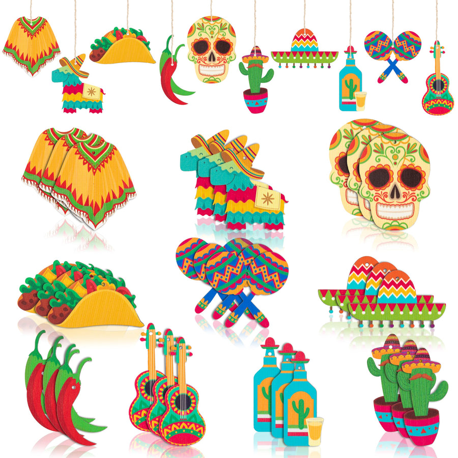 31Pcs Mexica Fiesta Cinco De Mayo Wooden Ornaments Hanging Decoration Mexican Cactus Sombrero Guitar Pendants Tags Tree Decor for Taco Bout Birthday Baby Shower Party Supplies