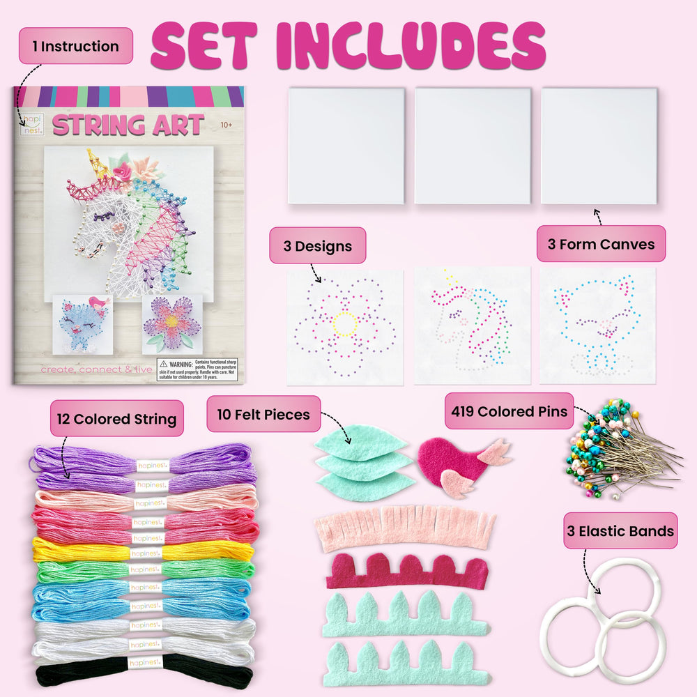 String Art Craft Kit for Kids Ages 10-12 and Up, 3D String Art Kit Crafts for Teens, Birthday Gifts for Tween Girls Ages 10 11 12 Years Old and Up, Makes 3 Designs - Unicorn, Cat, and Flower