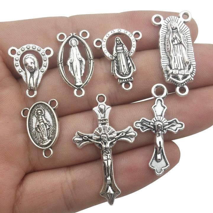 100g (60pcs) Antique Silver Cross Jesus Maria Our Lady Miraculous Centerpiece Crucifix Medal Charms Pendants for Crafting, Jewelry Findings Making Accessory For DIY Rosary Necklace Bracelet (M154)