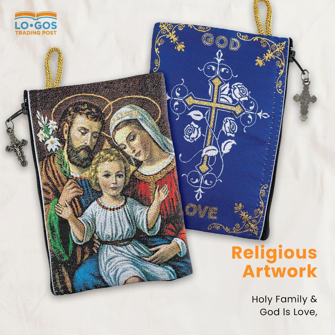 Catholic Rosary Pouch, Holy Family &amp; God is Love, 4 x 6 Jewelry &amp; Coin Purse with Cross, Small Woven Tapestry Icon Bag, Bolsa de Rosario Católico para Joyería