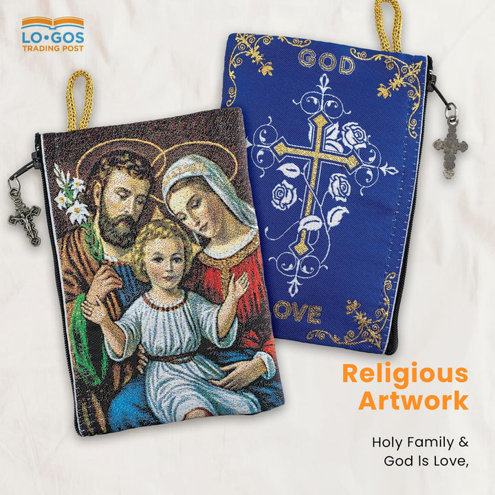 Catholic Rosary Pouch, Holy Family &amp; God is Love, 4 x 6 Jewelry &amp; Coin Purse with Cross, Small Woven Tapestry Icon Bag, Bolsa de Rosario Católico para Joyería