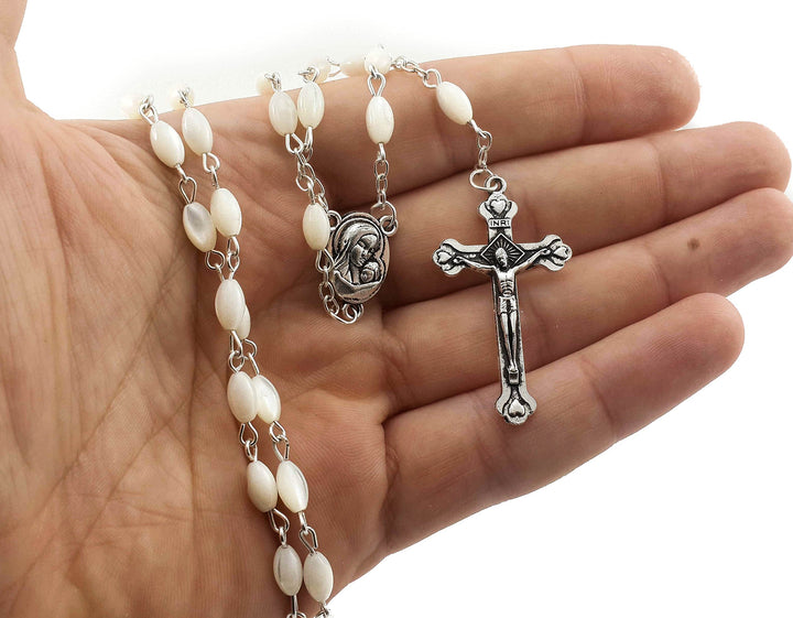 Natural Pearl Rosary Beads Catholic Necklace Jerusalem Holy Soil Meda and Silverl Cross