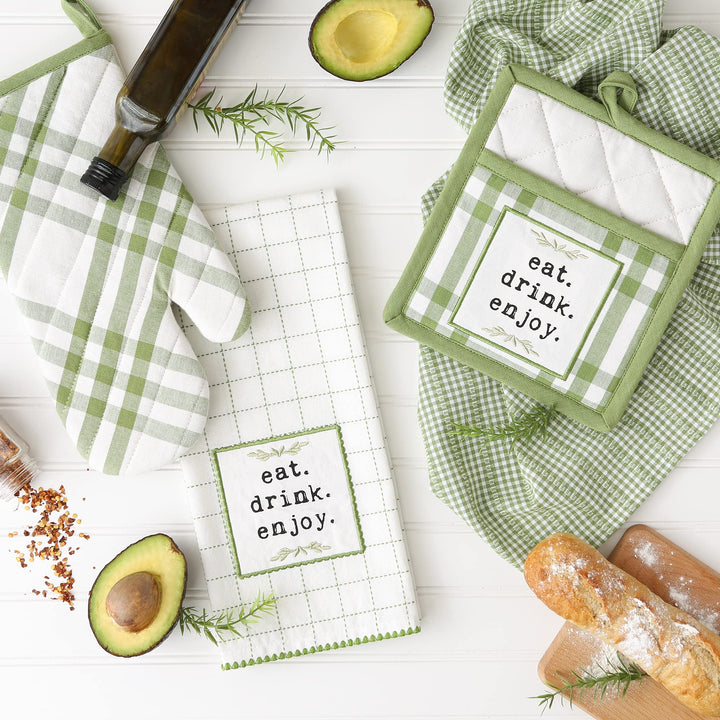Home Sweet Farmhouse Kitchen Collection, Potholder/Oven Mitt/Dishtowel Set, Antique Green, 4 Count
