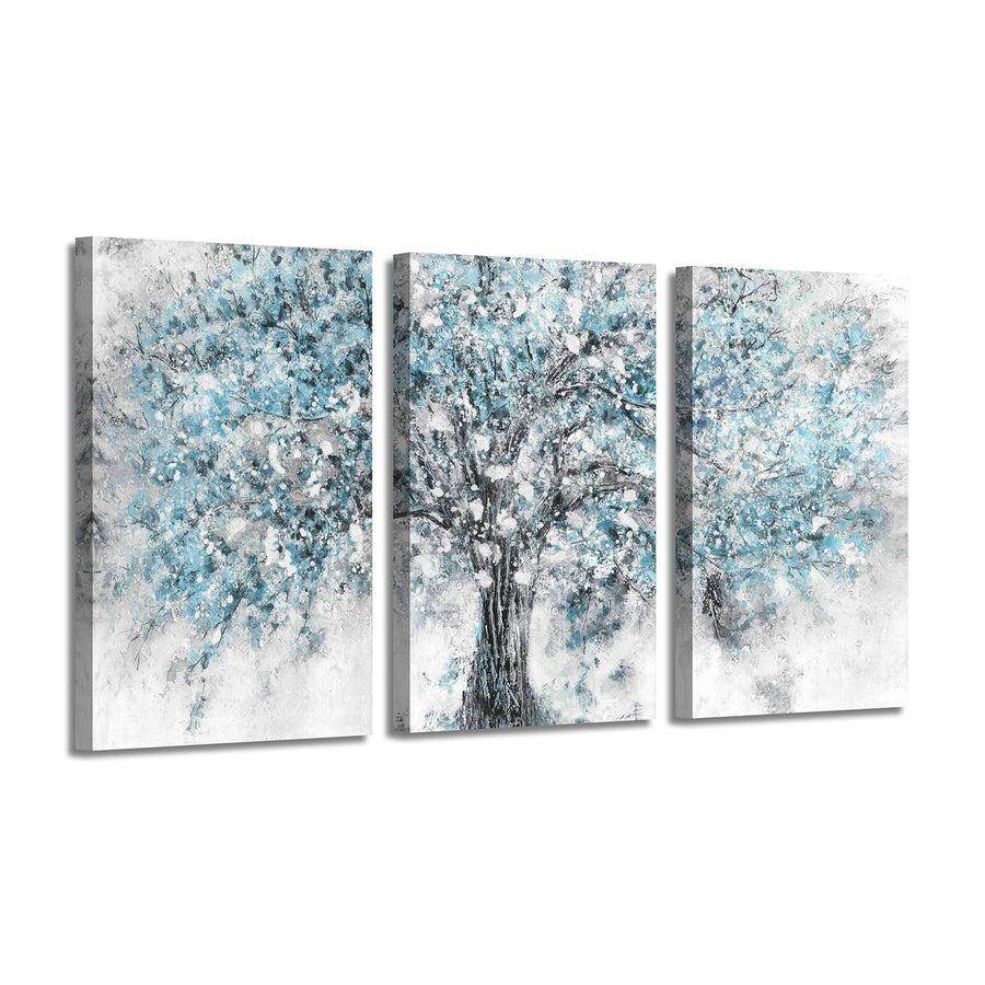 Abstract Tree Canvas Wall Art - 3 Pieces Silver Blue Blooming Plant Picture Modern Landscape Prints Forest Painting for Living Room