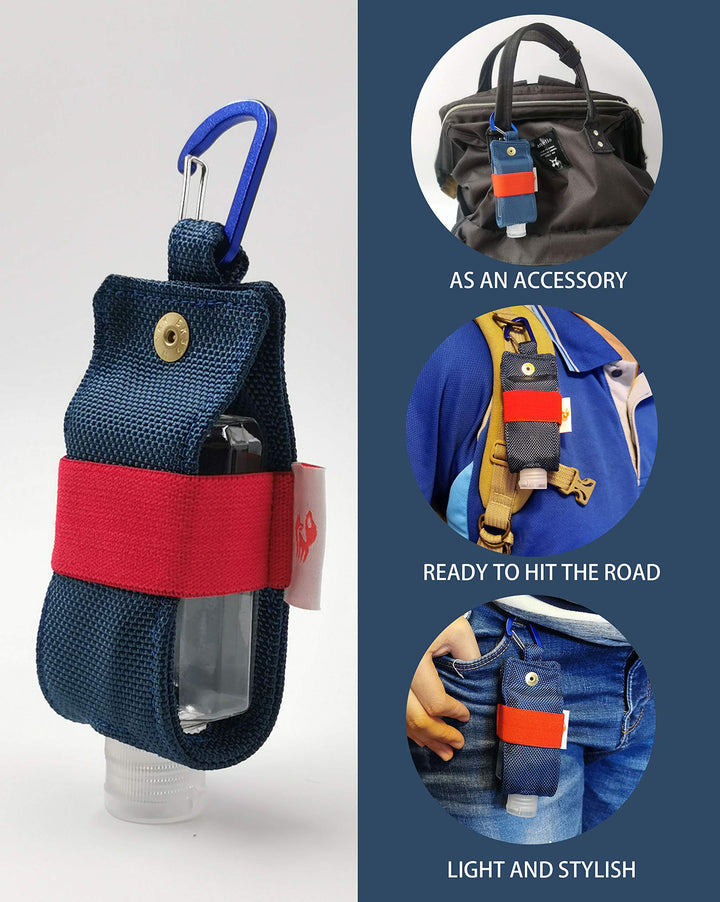 Travel Size Hand Sanitizer Holder,Bottle Case and Carabiner Carrier bag-Portable Mini Waist Bag for Liquids Clip On Belt Loop, Backpack and Purse - Includes Empty 60ml/ 2 oz Reusable Bottle (Blue)