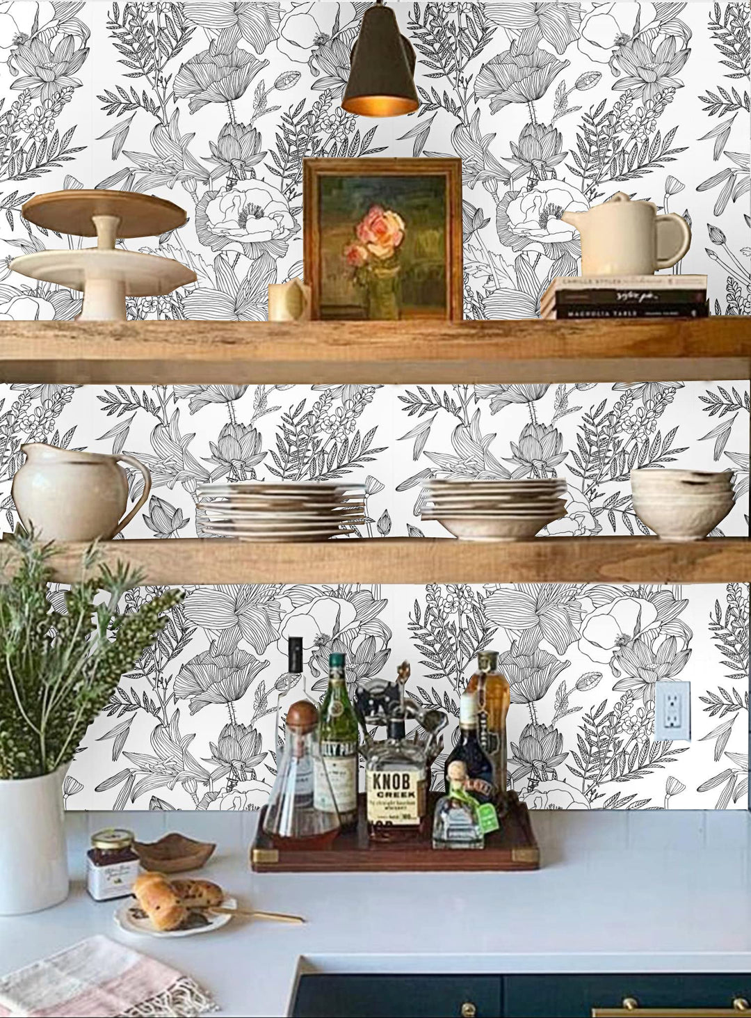 Black White Elegant Modern Lotus Lily Leaf Peel and Stick Wallpaper Self-Adhesive Prepasted Wallpaper Wall Mural Wall Decor (17.7“x118”, Black/White)