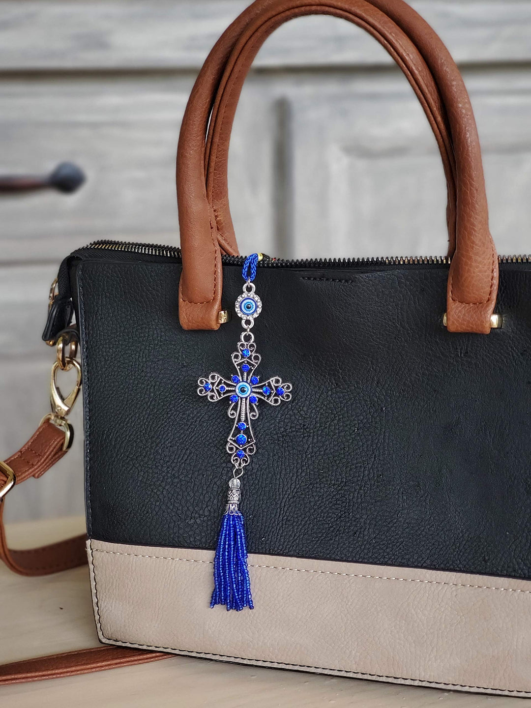 Luckboostium Cross Evil Eye Car Charm - Rear View Mirror Accessories - Evil Eye Crystal Cute Keychain - Evil Eye for Door or Home Office - for Good Luck and Protection